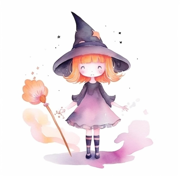 Ilustración acuarela de una niña con un sombrero de bruja con una escoba.