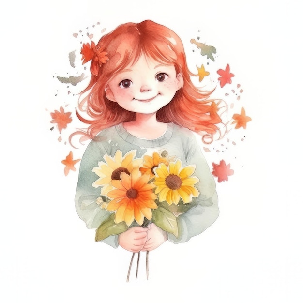 Una ilustración en acuarela de una niña sosteniendo un ramo de flores.