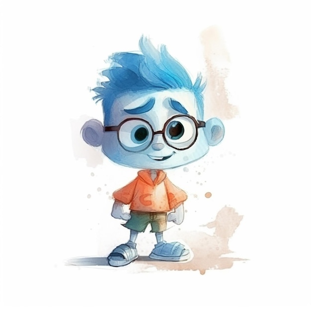 Una ilustración en acuarela de un niño con anteojos y una camisa azul que dice "soy un nerd"