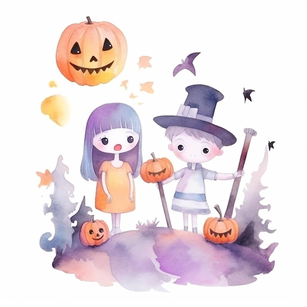 Ilustración acuarela de un niño y una niña en disfraces de halloween.