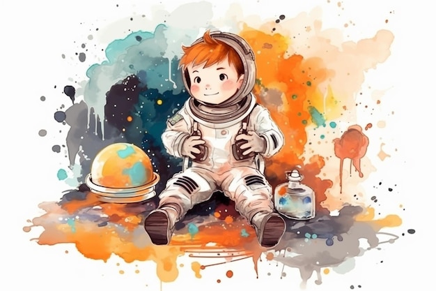 Ilustración acuarela de un niño en un traje espacial