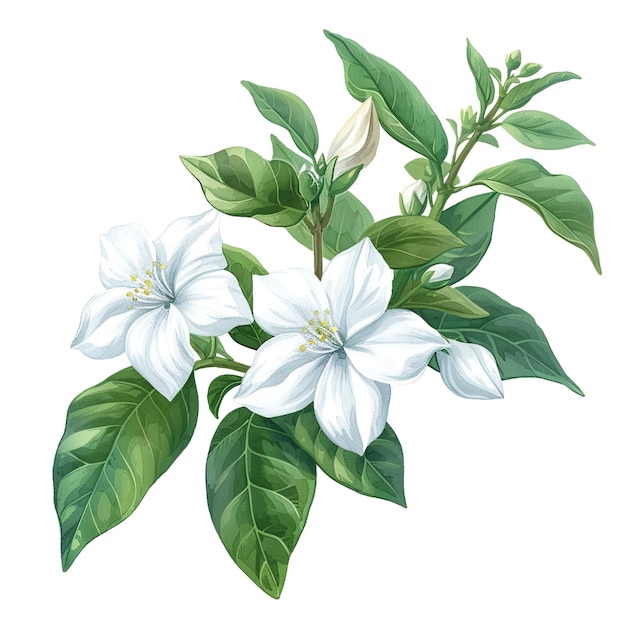 Ilustración en acuarela para niños de la flor de jazmín dulce sobre un fondo blanco