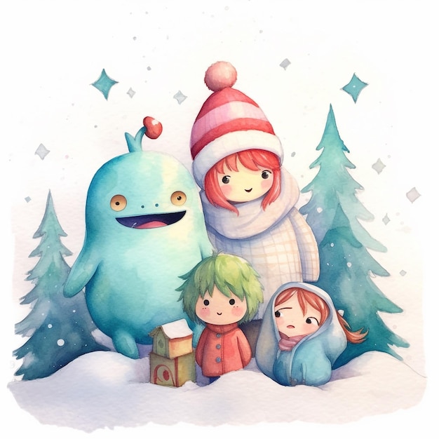 Una ilustración acuarela de niños y un muñeco de nieve.