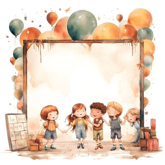 Una ilustración en acuarela de niños tomados de la mano y un cartel que dice feliz cumpleaños