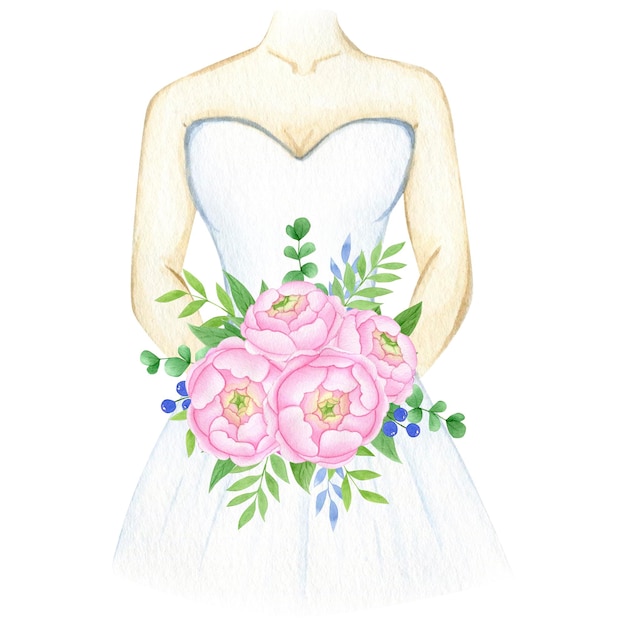 Ilustración acuarela de una novia con un vestido blanco con un ramo de peonías