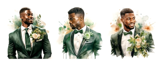 Ilustración en acuarela del novio de la boda retrato africano verde esmeralda