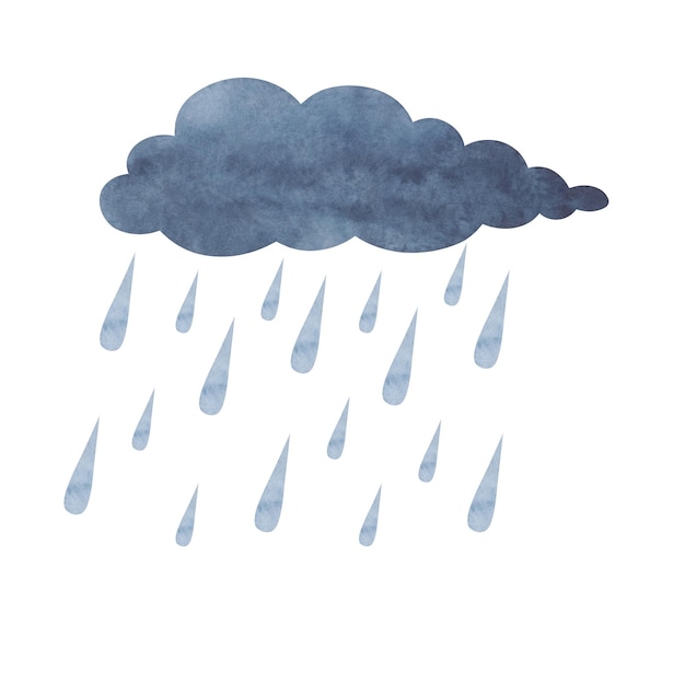 Ilustración acuarela de una nube gris con gotas de lluvia aisladas sobre un fondo blanco dibujadas a mano