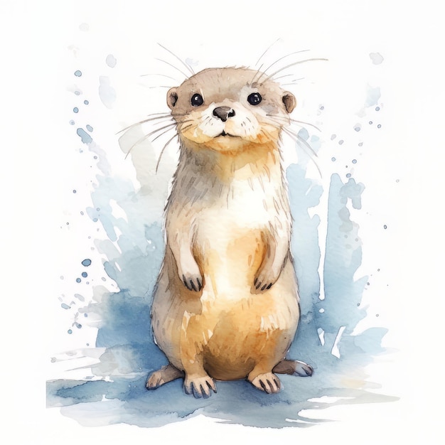 Ilustración acuarela de una nutria linda sobre un fondo blanco