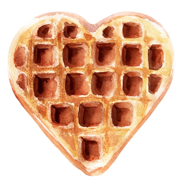 Ilustración acuarela con obleas de varias formas. Waffles de corazón, waffles cuadrados y waffles redondos