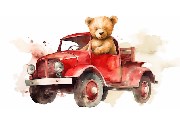 Ilustración acuarela de un osito de peluche conduciendo un viejo coche rojo sobre una IA generativa de fondo blanco