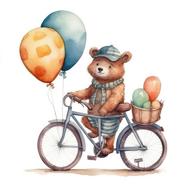 Ilustración acuarela de un oso en bicicleta con globos.