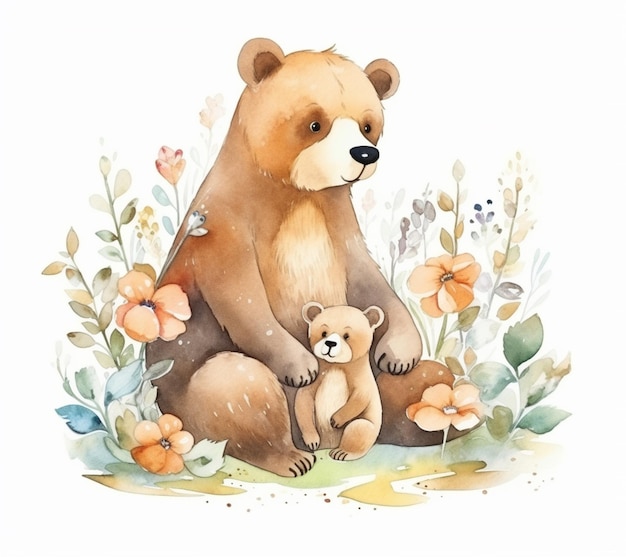 Ilustración acuarela de un oso madre y su oso bebé.