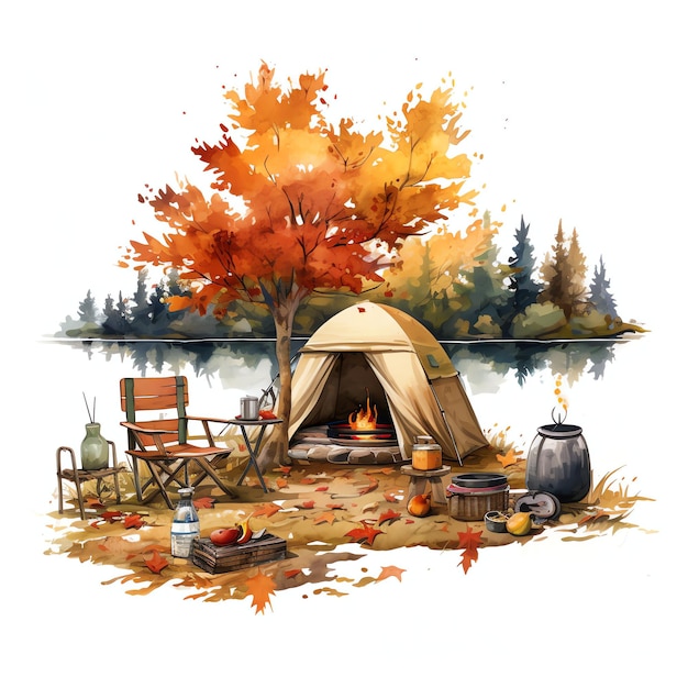 Ilustración de acuarela de otoño de camping junto al lago