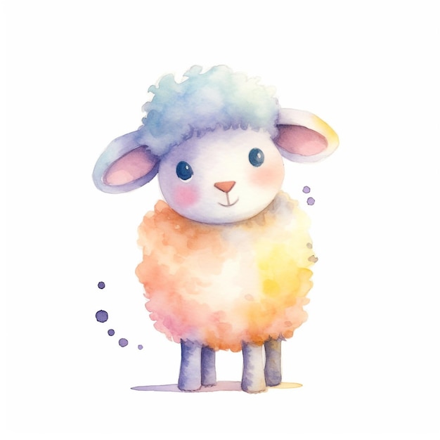 Ilustración acuarela de una oveja con cara azul y nariz rosa.