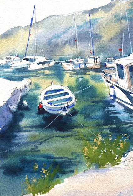 Ilustración en acuarela de un paisaje con mar y yates y barcos