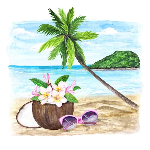 Ilustración acuarela de un paisaje marino con copas de coco plumeria sobre un fondo blanco