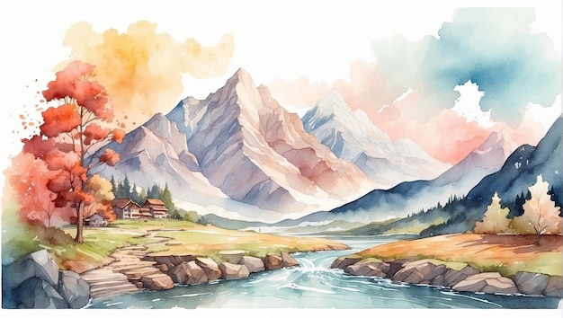 Ilustración acuarela paisaje montaña