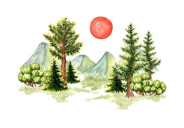 Ilustración en acuarela del paisaje natural Escena de vida silvestre del bosque con cadenas montañosas de hierba verde y sol poniente rojo Para crear composiciones de diseño sobre el tema del turismo viajes recreación al aire libre