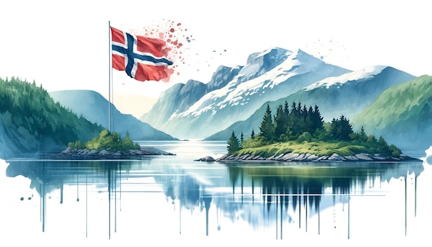 Foto ilustración en acuarela con un paisaje noruego para el día de la constitución de noruega