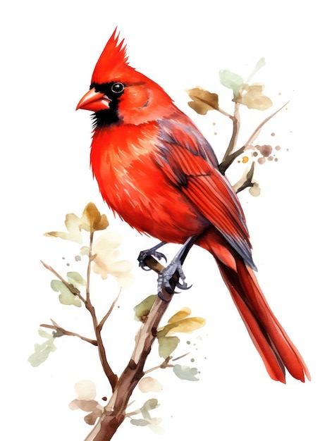 Ilustración en acuarela de un pájaro cardenal rojo posado en una rama aislada sobre un fondo blanco