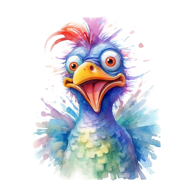 Ilustración acuarela de un pájaro con un pico rojo y una cabeza azul que dice 'feliz cumpleaños' en él