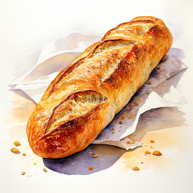 Ilustración de acuarela de pan baguette sobre fondo blanco