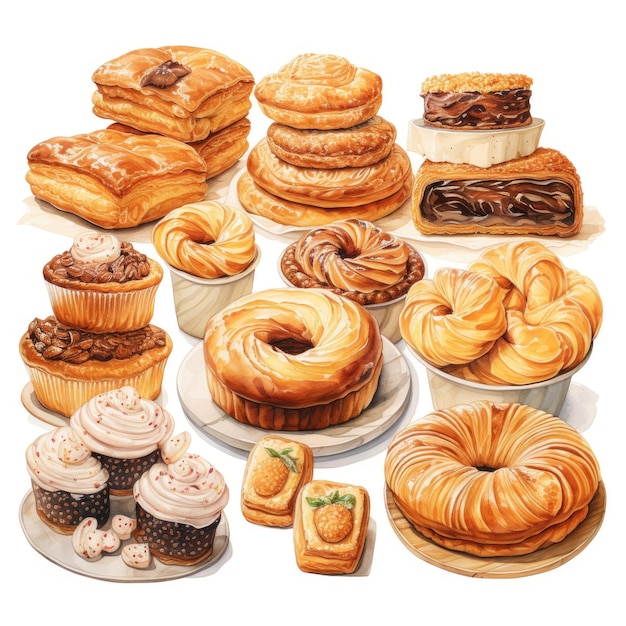 ilustración de acuarela de panadería pastel dulce sobre fondo blanco