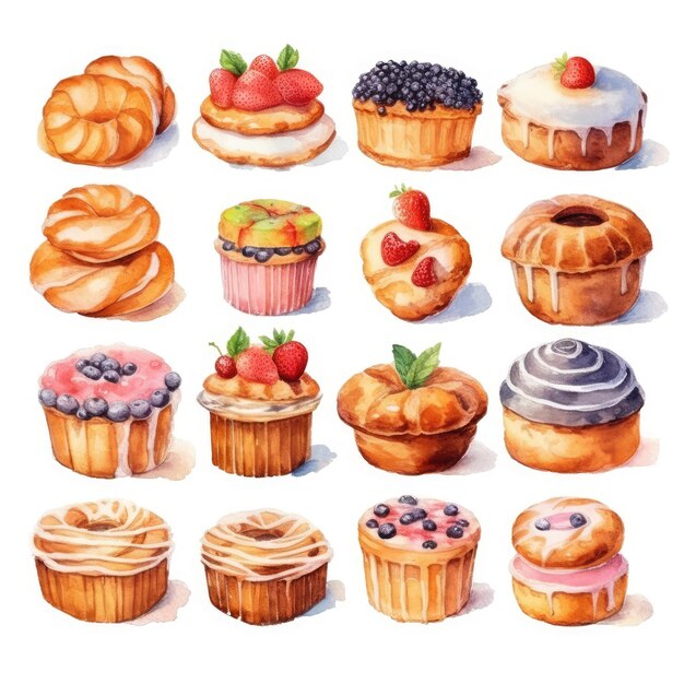 ilustración de acuarela de panadería pastel dulce sobre fondo blanco