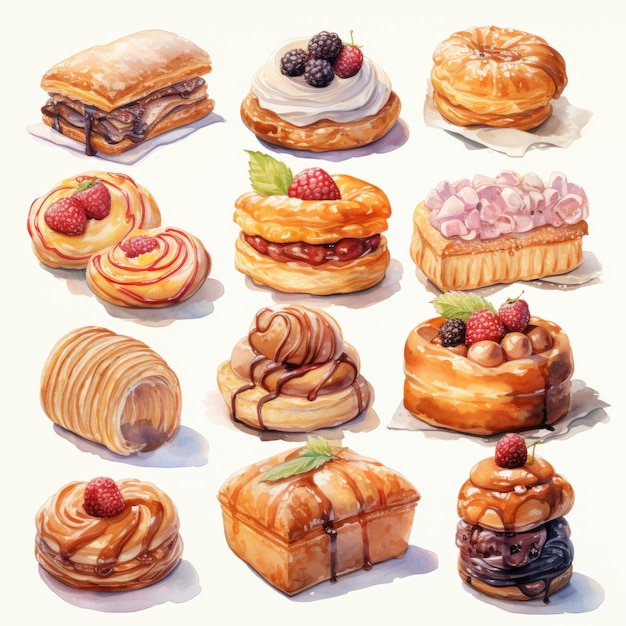 ilustración de acuarela de panadería pastel dulce sobre fondo blanco