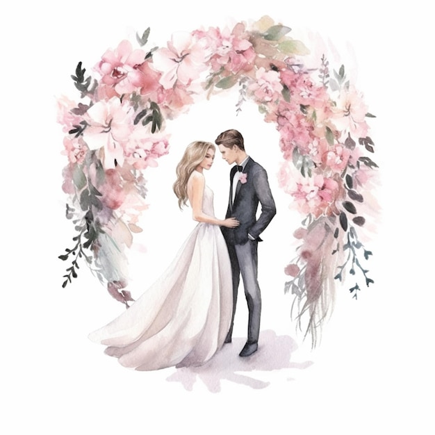 Una ilustración en acuarela de una pareja enamorada bajo un arco floral.