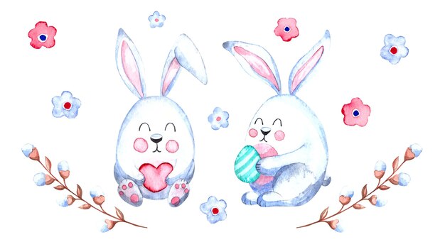 Ilustración acuarela de Pascua con conejitos de Pascua y ramitas de sauce