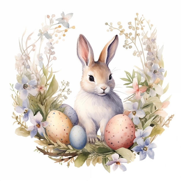 Ilustración de acuarela de Pascua con un conejo adorable