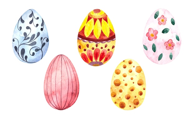 Foto ilustración acuarela de pascua con huevos decorados de colores de pascua sobre un fondo blanco,