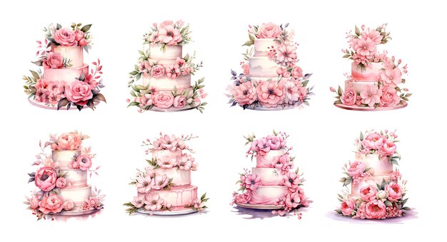 Ilustración en acuarela de pastel de boda con flores rosas