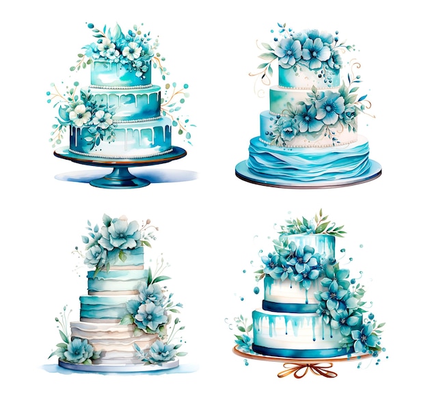 Ilustración en acuarela de pastel de boda con flores turquesa