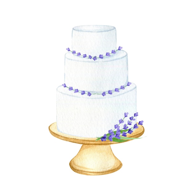 Ilustración acuarela de un pastel de bodas decorado con flores.