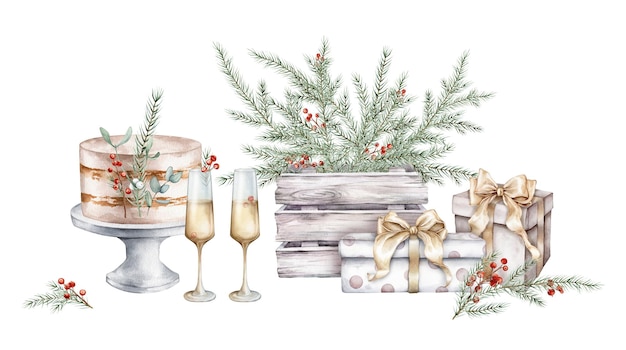 Ilustración en acuarela de pastel con copas de vino blanco o champán rama de árbol de Navidad con rojo