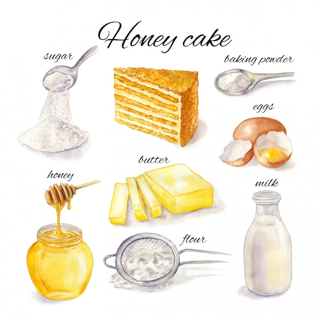 Ilustración acuarela de pastel de miel e ingredientes para hornear en un blanco