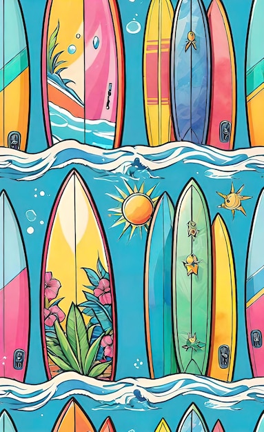 Foto ilustración de acuarela patrón brillante sin costuras con tablas de surf para el diseño de actividades al aire libre concep