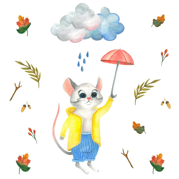 Ilustración en acuarela con un patrón sin costuras de un ratón gris con un impermeable amarillo y pantalones azules