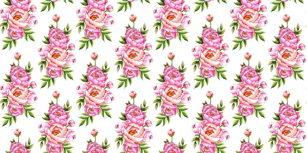 Ilustración en acuarela de un patrón de peonías rosadas con brotes y hojas aislados del fondo Arreglo botánico para cocina decoración del hogar papelería invitaciones de boda tarjetas pancartas