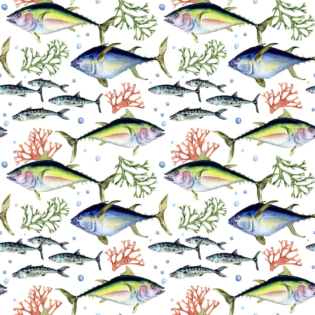 Ilustración de acuarela de patrones sin fisuras de varios peces de mar salvaje aislado en blanco