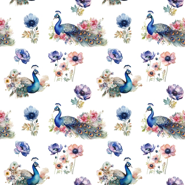 Ilustración de acuarela de patrones de pavo real y flores sobre fondo blanco IA generativa