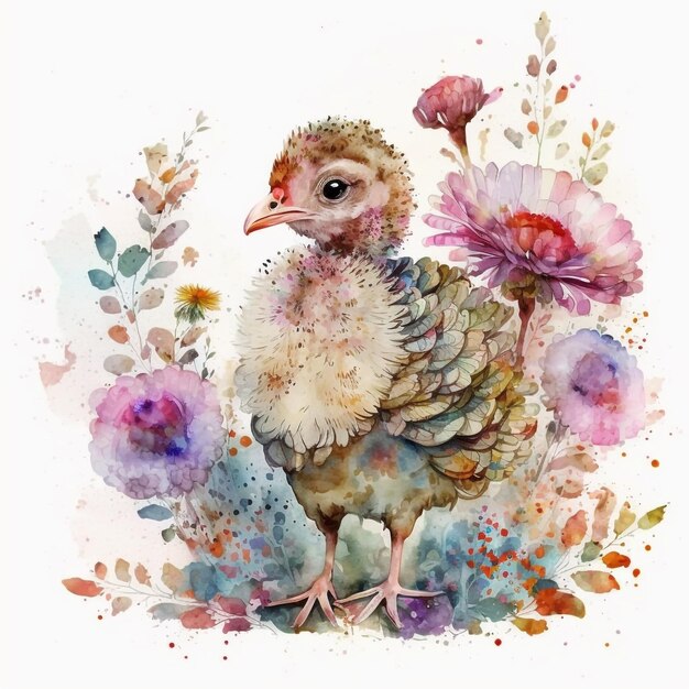 Ilustración acuarela de un pavo y flores.