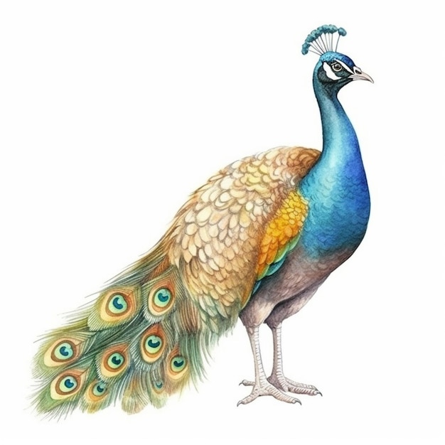 Ilustración acuarela de un pavo real.