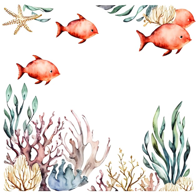 Una ilustración acuarela de peces y corales.