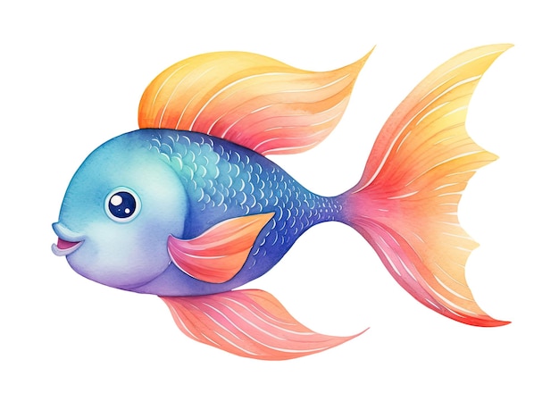 Ilustración en acuarela de peces multicolores aislados sobre un fondo blanco