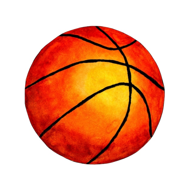 Ilustración acuarela Pelota de baloncesto. Campeonato. Diseño de banner. Bola naranja única realista aislada sobre fondo blanco. Hermoso diseño del clásico juego de pelota.