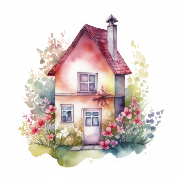 Ilustración acuarela de una pequeña casa con flores.