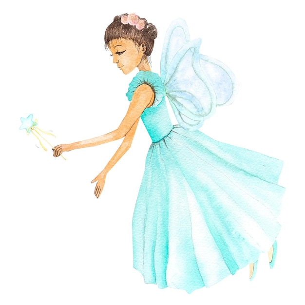 Ilustración en acuarela de una pequeña hada en un hermoso vestido de baile de color menta para niños